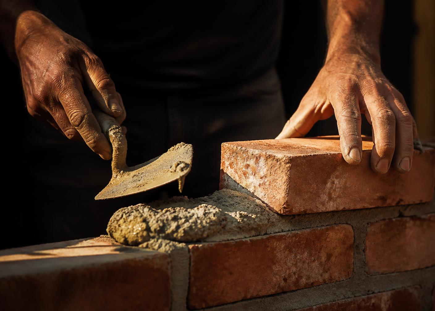 ST Masonry craftsman laying brick with mortar