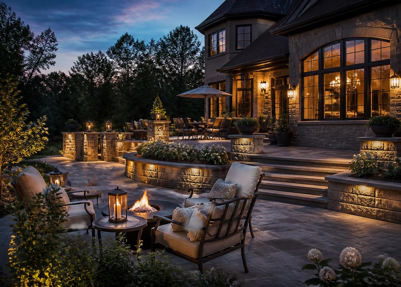 Custom stone patio with fire feature at dusk